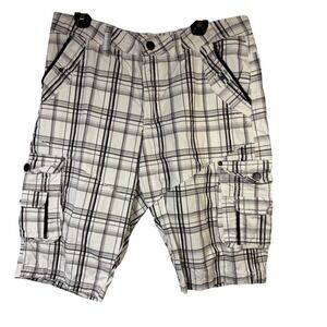 Fried Denim Cargo Shorts Mens 36 White Plaid Excellent Cotton Multi-Pocket